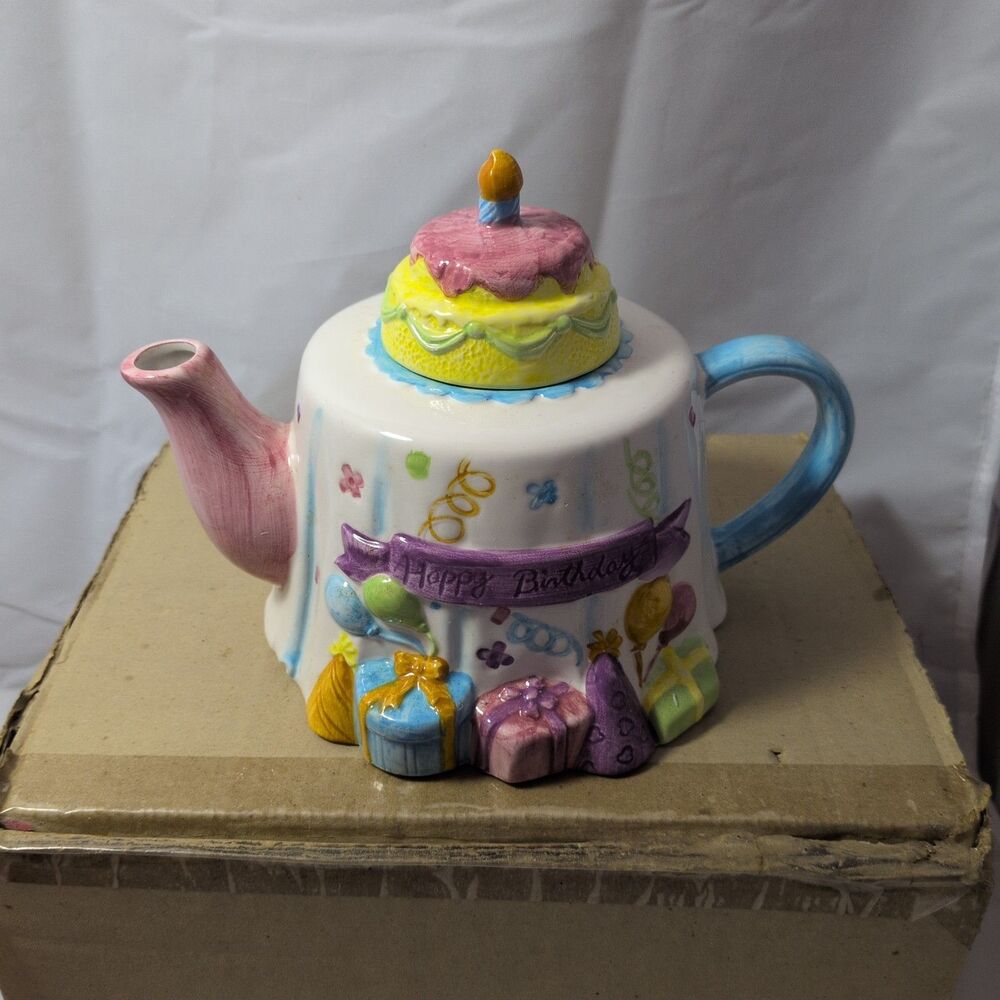 Vintage Lillian Vernon Happy Birthday Ceramic Teapot With Original Box